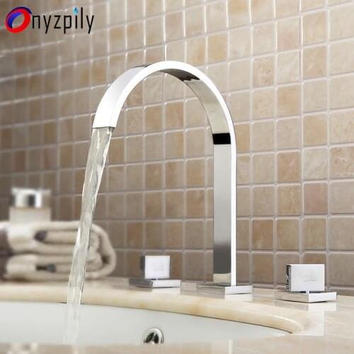 Chrome Basin Faucets Brass Deck Mounted Square Bathroom Sink Faucets Double Handle 3 Hole Hot And Cold Water Tap