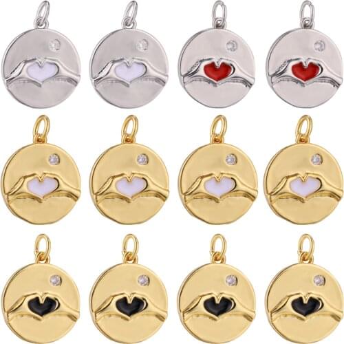 Juya DIY Fashion Jewelry Supplies Creative Hand Love Heart Round Enamel Charms For Handmade Pendant Bracelet Necklace Making
