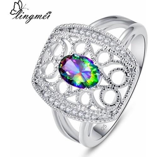 Lingmei Hollow-out Wedding Fashion Rings for Women Party Cocktail Zircon Jewelry Silver Color Ring Size 6-9 Anniversary Gifts