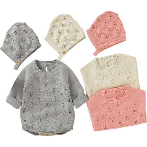 2Pcs Baby Girls Outfit, Sweet Style Solid Color Hollow Plush Ball Decoration Long Sleeve Round Collar Romper + Cap Set