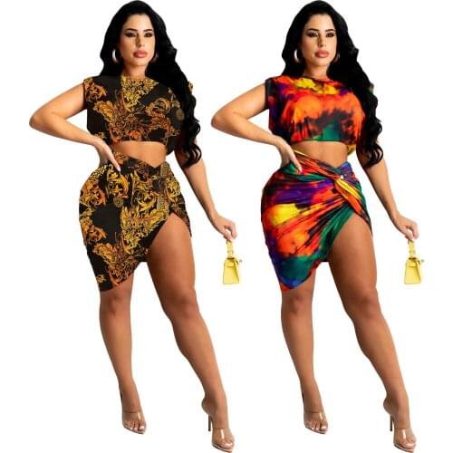 Tie-Dye Printing Two-piece Set Sexy Round Neck Sleeveless Crop Tops High Waist Knotted Pleated Short Skirts 2pc Set Streetwear