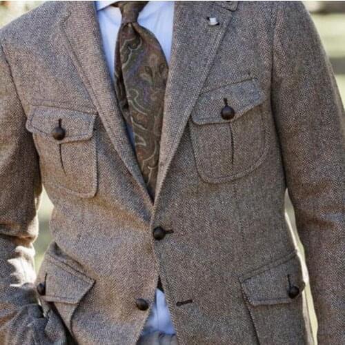 Costume Homme 4 Pockets Mens Herringbone Tweed Custom Retro Gentleman Muit 2 Pieces Wedding Groom Terno Masculino Jacket Pant
