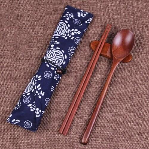 Natural Wood Spoon Wooden Chopsticks Soup Teaspoon Catering For Kicthen Wooden Spoon Portable Tableware with Cloth Storage Bag