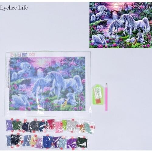 Lychee Life Colorful Unicorn Printed 5D Full Drill Resin Diamond Painting For Living Room DIY Home Handmade Decoration
