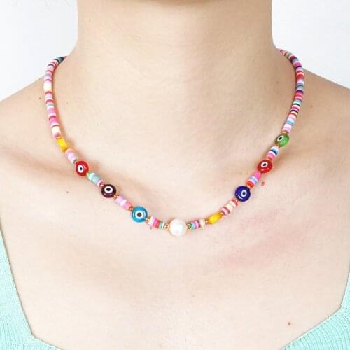 Trendy Natural Pearl Female Necklace Simple Ceramic Clay Handmade Women Jewelry Multicolor Evil Eye Gift Necklaces