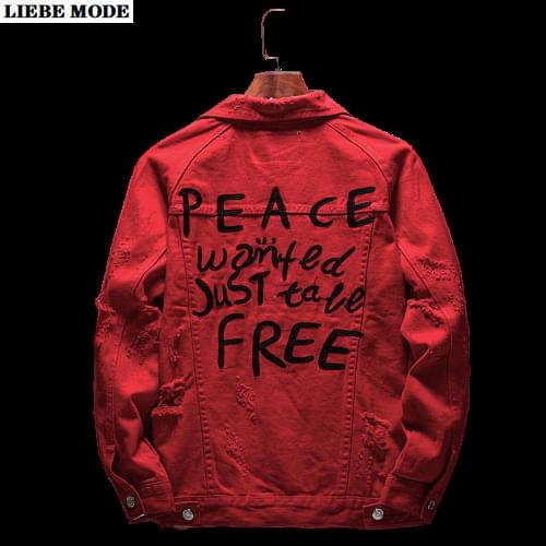 Mens Hip Hop Coyboy Ripped Jeans Jacket Streetwear Man Letter Print Denim Jackets Male Korean Casual Men Red Outerwear Coat