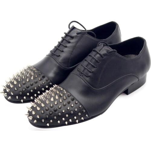 Silver Rivets toe Oxfords Men Dress Shoes Lace Black Cow Leather Men Formal Suit Business Shoes Free Shipping