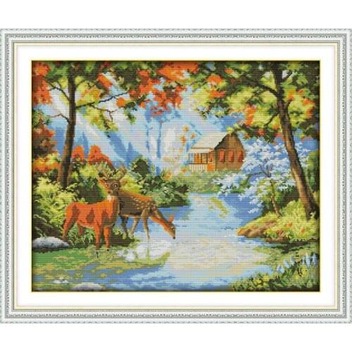Joy Sunday Counted Cross Stitch Set Pattern 11CT 14CT Print Stamped Deer tweet at the creek Home Decor Embroidery Needlework Kit
