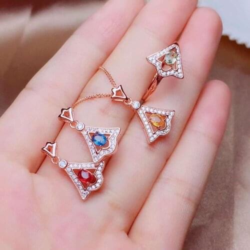 Real Natural Sapphire jewelry set Natural Real Sapphire 925 sterling silver 1pc pendant,1pc ring,2pcs Earring