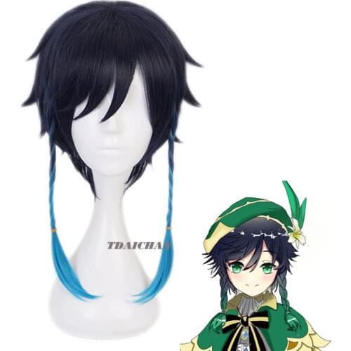 2021 Game Genshin Impact Venti Barbatos Cosplay Wigs Gradient Blue Short Cosplay Wig Braided Wigs Heat Resistant FREE WIGCAP