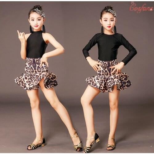 Leopard Print Girls Latin Dance Fringe Dress Kids Ballroom Competition Evening Party Stage Performance Clothing Top+Skirt Set
