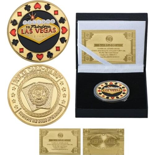 Casino Las Vegas Poker Chips Golden Plated Challenge Coins Collectibles with Coin Holder Challenge Coin Souvenirs Original Gifts