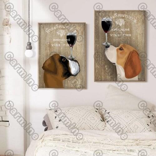 Poster Animal Dog Red Wine In Glass Canvas Painting Wall Art Home Decoration for Living Room and Bedroom Frameless Style