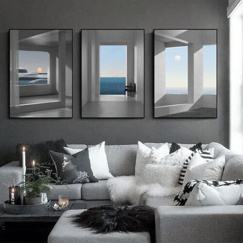 Nordic Abstract Geometric Canvas Painting Sunset in the Sea Posters Prints Black White Wall Art Picture Living Room Decor Cuadro