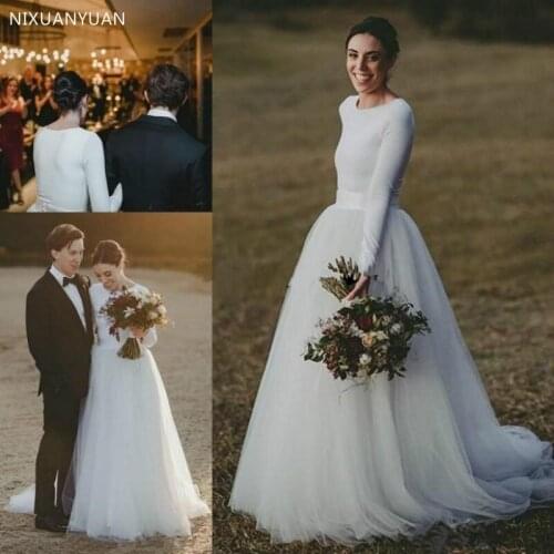 Simple Country Wedding Dresses Long Sleeve Cheap Soft Tulle A-Line Wedding Dress Wedding Gowns Custom Made Bridal Gowns