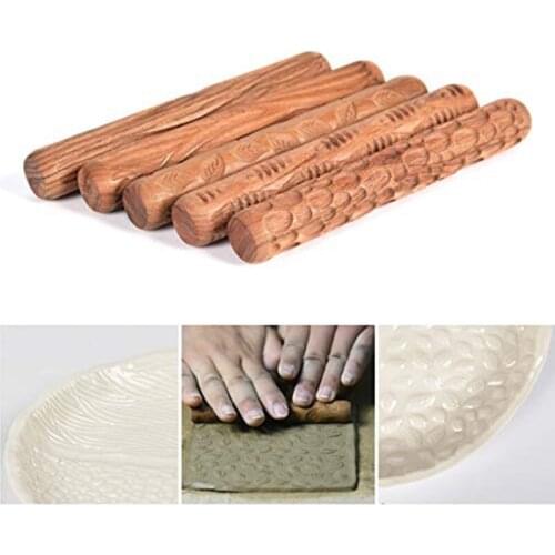 5PCS Pottery Tools Wood Hand Rollers for Clay Clay Stamp Clay Pattern Roller