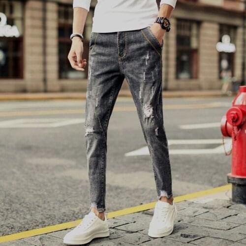 Spring autumn 2021 elastic all-match ankle length pants men\s slim feet pants casual trendy brand trousers Korean ripped pants