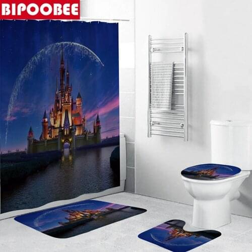 Night Sky Castle Print Shower Curtain 3d Bathroom Curtains Pedestal Rugs Toilet Lid Cover Non-slip Carpet Bath Mat Home Decor
