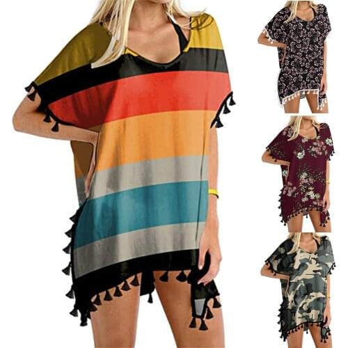 Womens Beach Cover Up Swimsuit Sexy Summer Dress Trim Kaftan Chiffon Tassels Swimwear Beach Dress Loose Bikini Cover Ups Tops