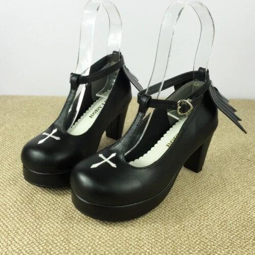 Japanese Devil Angel Wings Sweet Lolita Princess Shoes Black Gothic Lolita Cosplay Ankle T-strap Cross High Heels Shoes