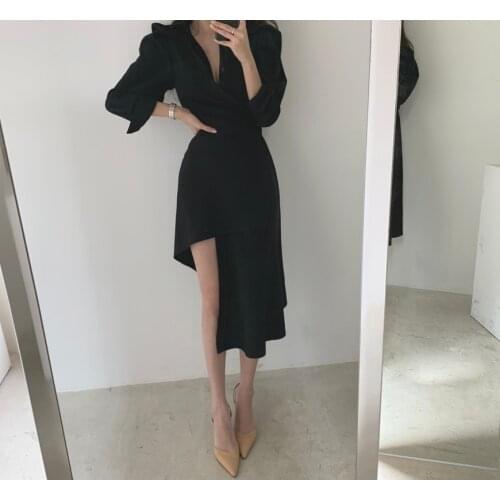 Dresses Autumn Casual Retro Chic Slim High Waist Temperament OL Black Lapel Long Sleeve Irregular Shirt Dress Vestidos Mujer