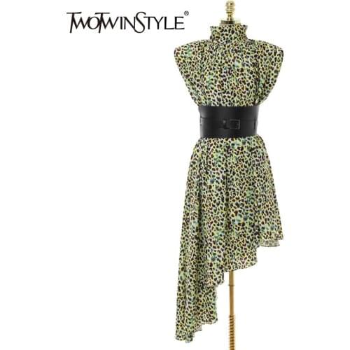 TWOTWINSTYLE Vintage Green Print Dress For Women Turtleneck Sleeveless High Waist Sashes Slim Irregular Midi Dresses Female 2021