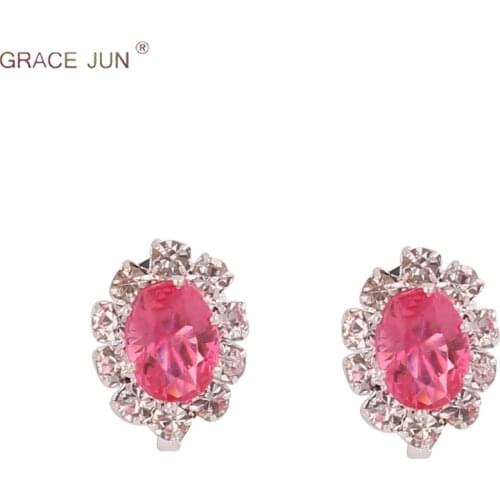 GRACE JUN 5 Colors Available Rhinestone Crystal Oval Shape Clip on Earrings Non Pierced for Women&Girl Charm Ear Clip Bijouterie