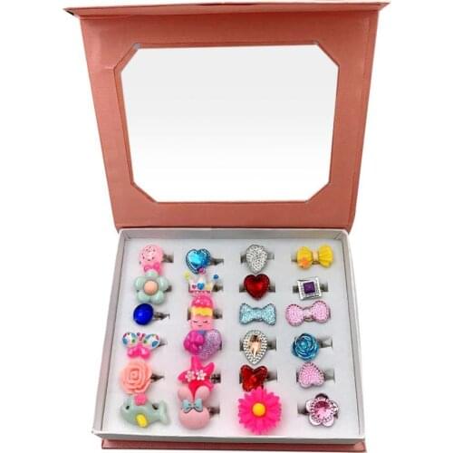 24Pcs Kid Flower Bow Faux Gem Adjustable Finger Ring Party Jewelry Birthday Gift Exquisite Jewelry Toys Gift