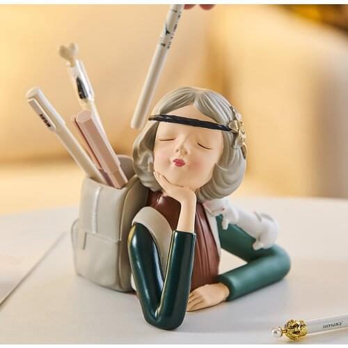 Cute Girl Pen Holder Stationery Resin Character Sculpture Modern Home Decor Study Room Childrens Bedroom Office Desk Decoration