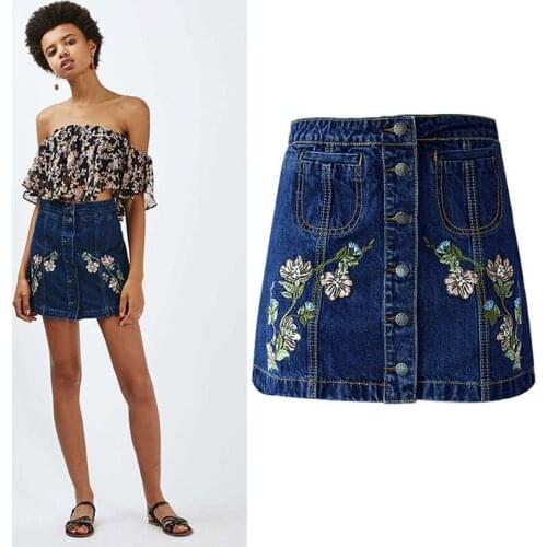 European and American 3D Flower Embroidery Mini Denim Skirt High Waist A-line Skirts Single Breasted Top Quality XXS-XL