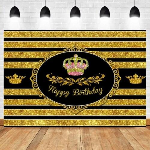 Laeacco Girls Birthday Banners Yellow Sequins Stripes Crown Custom Photo Photography Backdrop Photo Background For Photo Studio