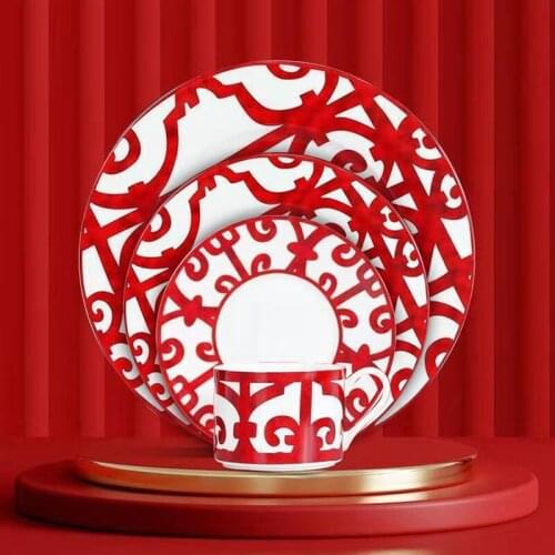 Ceramic Steak Plate Coffee Cup And Saucer Bone China Dinnerware Set Western Food Tray Red Pattern