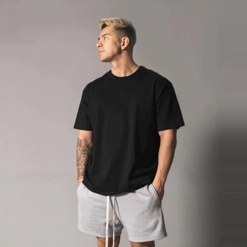 Mens Oversized T shirt Solid Color Gym Clothing Bodybuilding Fitness Loose Sportswear T-shirt Streetwear Hip-Hop Tshirt