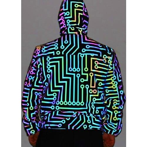 Men geometric circuit lines colorful reflective jackets hip hop windbreaker mens reflect light casual coats jaqueta masculina