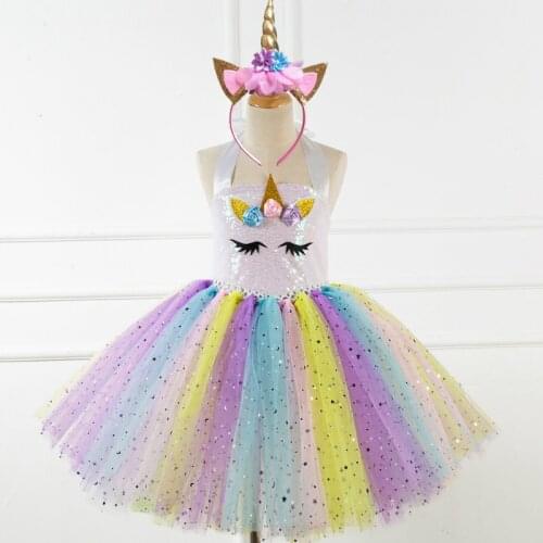 2020 New Unicorn Children Cosplay Dresses Rainbow Sequin Tulle Kids Girls Tutu Dress Cartoon Princess Summer Kids girls Clothes