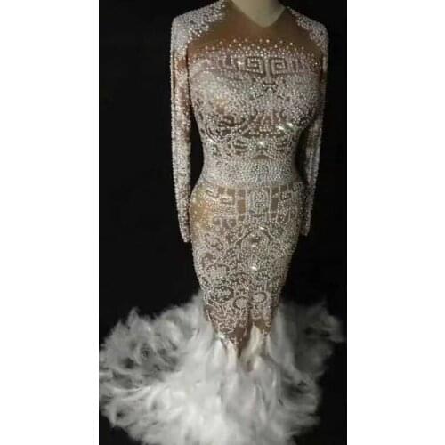 New high-end fashion Hot drill Ice silk Long sleeves Slim Sexy Mermaid Beautiful feather skirt Dress