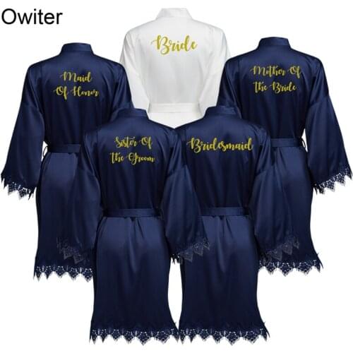 Owiter Matt Satin Bride Lace Robe Bridal Robe Wedding Gift Bridesmaid Robes Women Sleepwear Dressing Bathrobe and Slippers Blue
