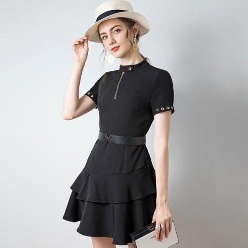 Black dress female New fashion round collar commuter leisure sports the wind ruffled the a line