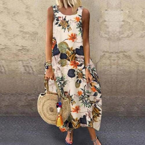 Womens Summer Long Dress Boho Plants Print Cotton Linen Sleeveless Dress Ladies Loose Baggy Dress Beach Dresses femme vestidos