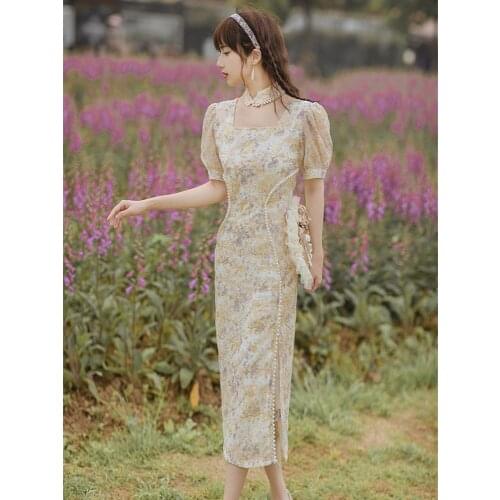 Women Vestido French Square Collar Elegant Floral Dress Summer Retro Embroidery Bead Splitting Improved Cheongsam