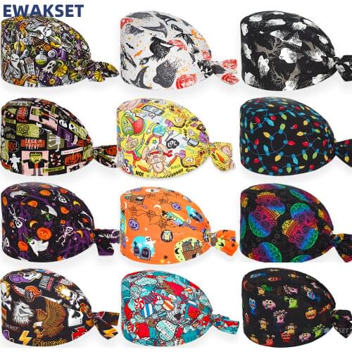 Halloween Scrub Cap Printed Adjustable Cotton Beauty Salon Surgeon Dental Clinic Nursing Hat Women Men Surgical Caps Wholesale