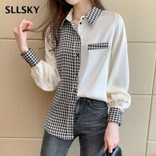 SLLSKY Satin Chiffon Blouse Women Office Lady Spliced Tops Patchwork Korean Fashion Shirt Female Clothing Long Sleeve Plus size