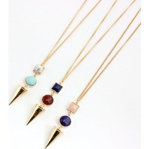 Light Yellow Gold Color Pyramid Alloy Layer Rose Pink Quartz Pendant Link Chain Necklace Lapis Lazuli Jewelry