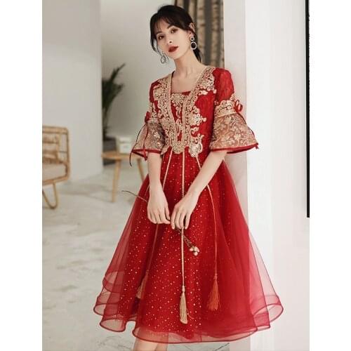 Vintage red Bridal Embroidery Sweetheart Lace Up Evening Dresses Chinese style Wedding Dress Oriental Womens Qipao Vestidos