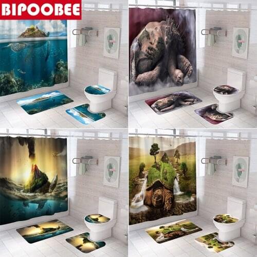 Basalt Turtle Island Print Bathroom Curtain Ocean 3d Bath Mats Rugs Set Toilet Lid Cove Non-slip Carpet Fabric Shower Curtains