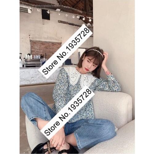 Ladies Cotton Embroidery Doll Collar Blouse Shirt Top Floral Printed Detail