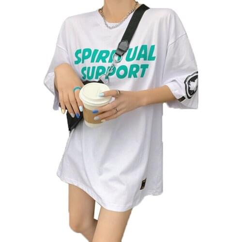 NYFS Korea Women Neck Short Sleeve Tee T-Shirts Leter Print Cotton tops Vintage Loose Blusas Camisa Mujer