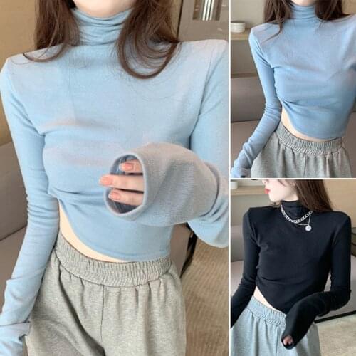 Womens High Neck Bottoming Shirt Womens Autumn and Winter Brushed Plus Fleece Long-Sleeve T-Shirt One Size