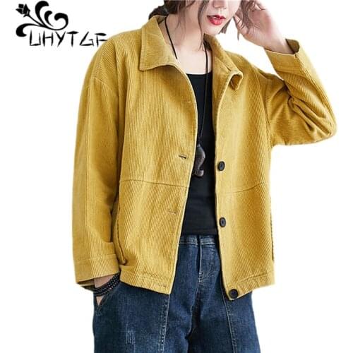 UHYTGF Oversized Coat Women Vintage Corduroy Casual Spring Autumn Jacket Long Sleeve Wild Elegant Female Short Tops Outwear 1979