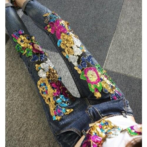 Womens Korean Fashion shiny sequins flower Jeans Female Sexy Jeans Plus Size slim denim pants TB503